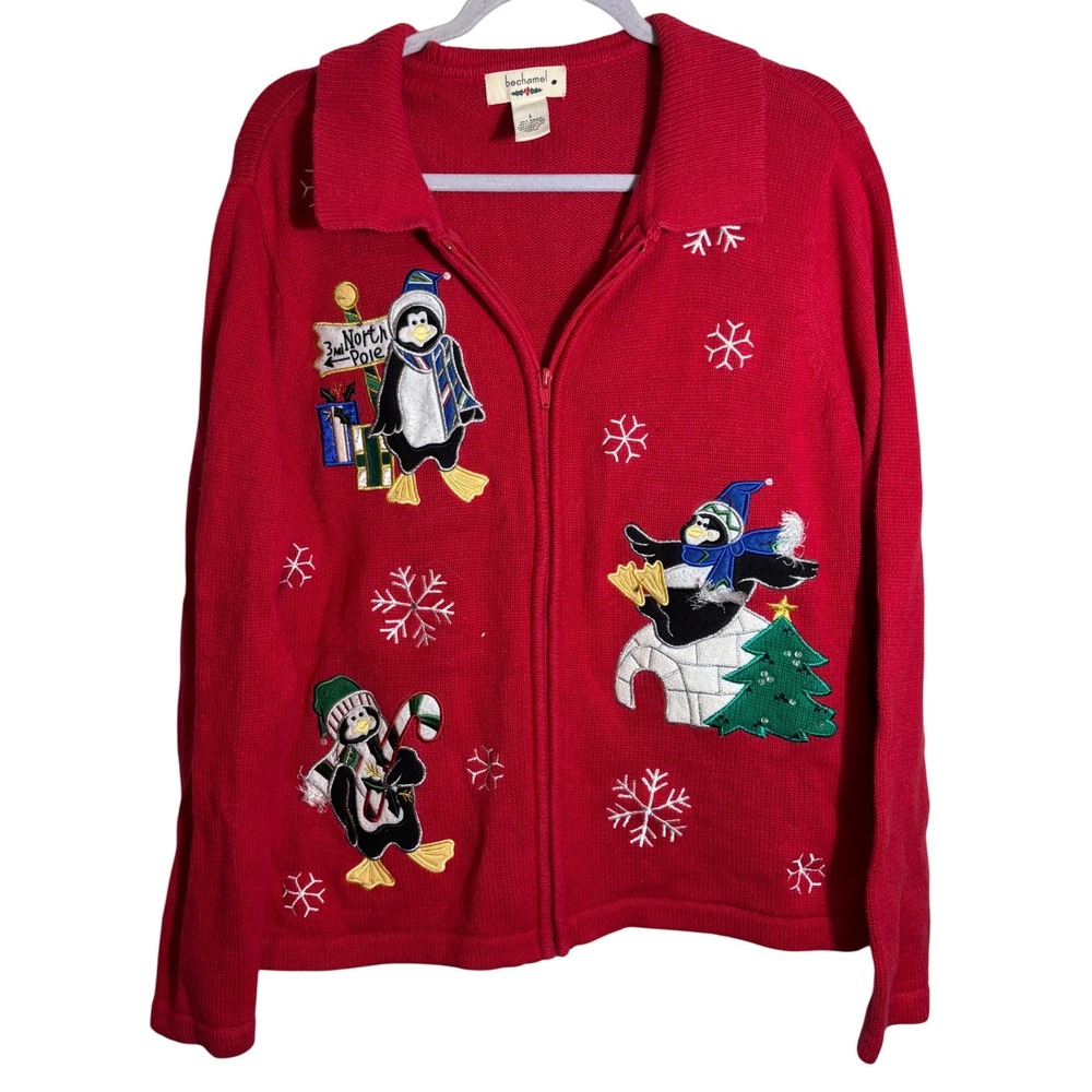 Vintage Bechamel Skating Penguin Red Full‎ Zip Christmas Cardigan Sweater Size L